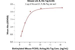 Immobilized Mouse LDL R, His Tag (ABIN2870751,ABIN2870752) at 10 μg/mL (100 μL/well) can bind Biotinylated Mouse PCSK9, Avitag,His Tag (ABIN2870574,ABIN2870575) with a linear range of 2-16 ng/mL (QC tested).