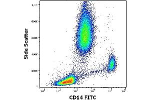 Flow cytometry surface staining pattern of human peripheral whole blood stained using anti-human CD14 (MEM-15) FITC antibody (concentration in sample 3 μg/mL). (CD14 anticorps  (FITC))