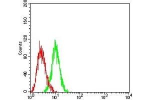 Flow cytometric analysis of HL-60 cells using CD113 mouse mAb (green) and negative control (red).