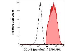 Separation of human stimulated monocytes (red-filled) from lymphocytes (black-dashed) in flow cytometry analysis (surface staining) of human GM-CSF + IL-4 stimulated peripheral blood mononuclear cells stained using anti-human CD143 (5-369) purified antibody (concentration in sample 0,6 μg/mL) GAM APC.
