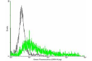 FACS analysis of negative control 293 cells (Black) and GRB7 expressing 293 cells (Green) using GRB7 purified MaxPab mouse polyclonal antibody.