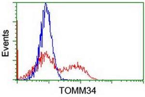 HEK293T cells transfected with either RC201083 overexpress plasmid (Red) or empty vector control plasmid (Blue) were immunostained by anti-TOMM34 antibody (ABIN2454814), and then analyzed by flow cytometry. (TOMM34 anticorps)
