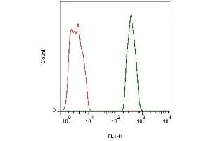 Mouse brain cells probed with Rabbit Anti-PTP zeta Polyclonal Antibody, FITC Conjugated (ABIN1386512-FITC) (green) at 1:50 for 40 minutes compared to control cells (red).