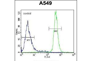 Flow cytometric analysis of A549 cells (right histogram) compared to a negative control cell (left histogram).