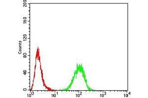 Flow cytometric analysis of MCF-7 cells using RALA mouse mAb (green) and negative control (red).