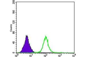 Flow cytometric analysis of serun using ApoB mouse mAb (green) and negative control (purple).
