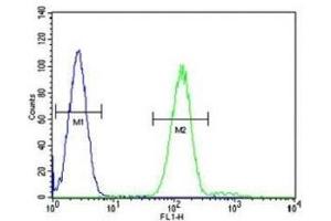 Myeloperoxidase antibody flow cytometric analysis of HL-60 cells (right histogram) compared to a negative control cell (left histogram).
