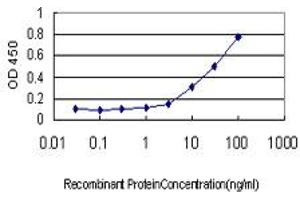 Detection limit for recombinant GST tagged IFRD2 is approximately 1ng/ml as a capture antibody. (IFRD2 anticorps  (AA 1-442))