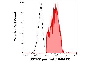 Separation of human CD160 positive lymphocytes (red-filled) from CD160 negative lymphocytes (black-dashed) in flow cytometry analysis (surface staining) of human peripheral whole blood stained using anti-human CD160 (BY55) purified antibody (concentration in sample 5 μg/mL, GAM PE).