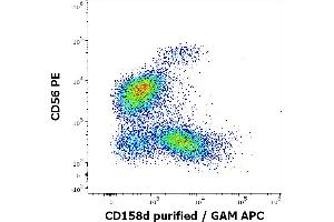 Flow cytometry multicolor surface staining pattern of human CD3 negative lymphocytes using anti-human CD158d (mAb#33) purified antibody (concentration in sample 6 μg/mL, GAM APC) and anti-human CD56 (LT56) PE antibody (10 μL reagent / 100 μL of peripheral whole blood). (KIR2DL4/CD158d anticorps)
