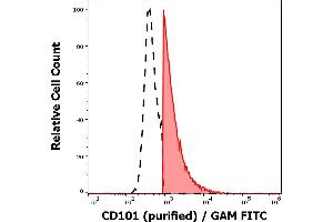 Separation of human CD101 positive CD16 negative lymphocytes (red-filled) CD101 negative CD16 negative lymphocytes (black-dashed) in flow cytometry analysis (surface staining) of human peripheral whole blood using anti-human CD101 (BB27) purified antibody (concentration in sample 0,56 μg/mL, GAM FITC).