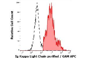 Separation of human Ig Kappa Light Chain positive lymphocytes (red-filled) from Ig Kappa Light Chain negative lymphocytes (black-dashed) in flow cytometry analysis (surface staining) of human peripheral whole blood stained using anti-human Ig Kappa Light Chain (A8B5) purified antibody (concentration in sample 4 μg/mL, GAM APC). (kappa Light Chain anticorps)