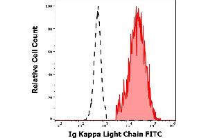 Separation of human Ig kappa light chain positive B-lymphocytes (red-filled) from Ig kappa light chain negative CD19 negative lymphocytes (black-dashed) in flow cytometry analysis (surface staining) of human peripheral whole blood stained using anti-human Ig kappa light chain (A8B5) FITC antibody (20 μL reagent / 100 μL of peripheral whole blood).