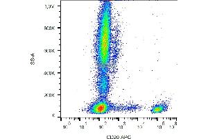 Flow cytometry analysis (surface staining) of human peripheral blood cells with anti-human CD20 (LT20) APC.