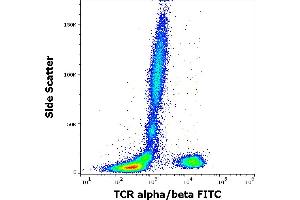 Flow cytometry surface staining pattern of human peripheral whole blood stained using anti-human TCR alpha/beta (IP26) FITC antibody (20 μL reagent / 100 μL of peripheral whole blood). (TCR alpha/beta anticorps  (FITC))