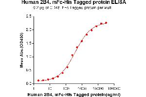 ELISA plate pre-coated by 2 μg/mL (100 μL/well) Human 2B4, mFc-His tagged protein (ABIN6961083, ABIN7042195 and ABIN7042196) can bind Human CD48, hFc tagged protein ABIN6961161, ABIN7042351 and ABIN7042352 in a linear range of 31.