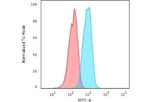 Flow Cytometric Analysis of PFA-fixed MCF-7 cells using HER-4 / ERBB4 Mouse Monoclonal Antibody (HFR-1) followed by Goat anti-Mouse IgG-CF488 (Blue); Isotype Control (Red).