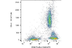 Surface staining of human peripheral blood cells with anti-human CD45 (HI30) purified, GAM-APC.
