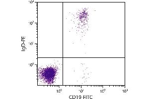 Human peripheral blood lymphocytes were stained with Goat F(ab’)2 Anti-Human IgD-PE and Mouse Anti-Human CD19-FITC. (Chèvre anti-Humain IgD Anticorps (PE))