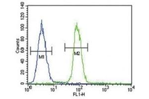 S100B antibody flow cytometric analysis of A375 cells (right histogram) compared to a negative control (left histogram).