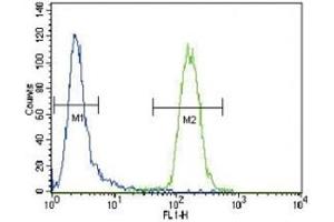 CD4 antibody flow cytometric analysis of CEM cells (right histogram) compared to a negative control cell (left histogram).