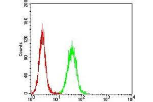 Flow cytometric analysis of Hela cells using GATA3 mouse mAb (green) and negative control (red).