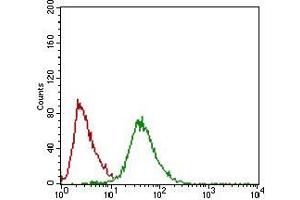 Flow cytometric analysis of Hela cells using NPC1 mouse mAb (green) and negative control (red).