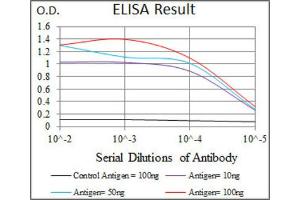 Red: Control Antigen (100ng) ; Purple: Antigen (10ng) ; Green: Antigen (50ng) ; Blue: Antigen (100ng).