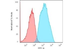 Flow Cytometric Analysis of trypsinised MCF-7 cells using EpCAM Rabbit Recombinant Monoclonal Antibody (EGP40/1556R) followed by Goat anti-Rabbit IgG-CF488 (Blue); Isotype Control (Red). (Recombinant EpCAM anticorps)