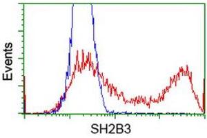 HEK293T cells transfected with either RC218359 overexpress plasmid (Red) or empty vector control plasmid (Blue) were immunostained by anti-SH2B3 antibody (ABIN2454462), and then analyzed by flow cytometry. (SH2B3 anticorps)
