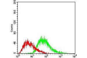 Flow cytometric analysis of Hela cells using PPARGC1B mouse mAb (green) and negative control (red).