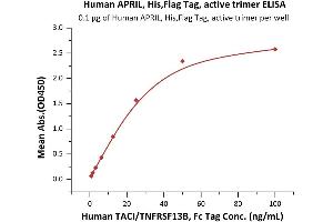 Immobilized Human APRIL, His,Flag Tag, active trimer (ABIN6972945) at 1 μg/mL (100 μL/well) can bind Human TACI/TNFRSF13B, Fc Tag (ABIN5674644,ABIN6253675) with a linear range of 0.