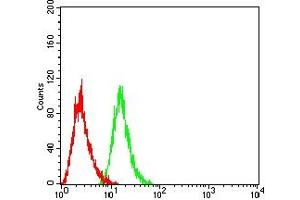 Flow cytometric analysis of HL-60 cells using CD334 mouse mAb (green) and negative control (red).
