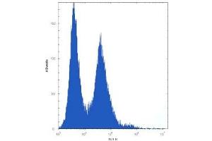NPM1 antibody flow cytometric analysis of HeLa cells (right histogram) compared to a negative control (left histogram).