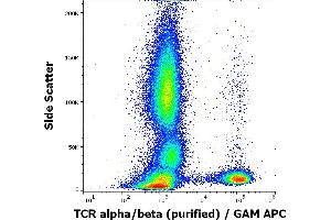 Flow cytometry surface staining pattern of human peripheral whole blood stained using anti-human TCR alpha/beta (IP26) purified antibody (concentration in sample 2 μg/mL, GAM APC). (TCR alpha/beta anticorps)