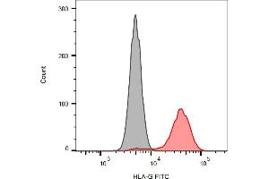 Separation of HLA-G transfected LCL cells (red) from K562 cells (black) in flow cytometry analysis (surface staining) stained using anti-HLA-G (01G) FITC antibody (concentration in sample 27 μg/mL).