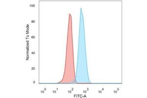 Flow Cytometric Analysis of MCF-7 cells using CD195 Mouse Monoclonal Antibody (12D1), followed by goat anti-mouse IgG-CF488 (Blue), Isotype Control (Red).