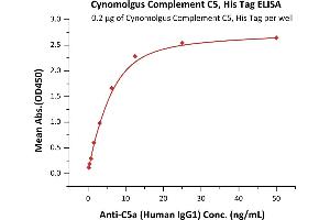 Immobilized Cynomolgus Complement C5, His Tag (ABIN6731337,ABIN6809857) at 2 μg/mL (100 μL/well) can bind Anti-C5a (Human IgG1) with a linear range of 0. (C5 Protein (AA 19-1676) (His tag))