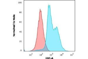 Flow Cytometric Analysis of Jurkat cells using CD40L-Monospecific Mouse Monoclonal Antibody (CD40LG/2761) followed by Goat anti-Mouse IgG-CF488 (Blue); Isotype Control (Red). (CD40 Ligand anticorps  (AA 108-261))