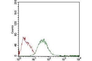 Flow cytometric analysis of HepG2 cells using PLIN2 mouse mAb (green) and negative control (red).
