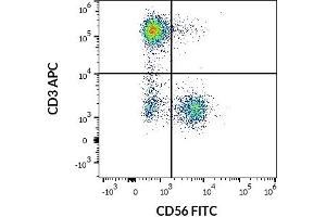 Flow cytometry multicolor surface staining pattern of human lymphocytes using anti-human CD3 (UCHT1) APC antibody (10 μL reagent / 100 μL of peripheral whole blood) and anti-human CD56 (LT56) FITC antibody (4 μL reagent / 100 μL of peripheral whole blood). (CD56 anticorps  (FITC))