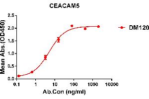 ELISA plate pre-coated by 1 μg/mL (100 μL/well) Human CEA protein, His tagged protein ABIN6961129, ABIN7042287 and ABIN7042288 can bind Rabbit anti-CEA monoclonal antibody  (clone: DM120) in a linear range of 0.