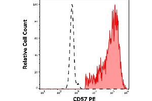 Separation of human CD57 positive NK cells (red-filled) from neutrophil granulocytes (black-dashed) in flow cytometry analysis (surface staining) of human peripheral whole blood stained using anti-human CD57 (TB01) PE antibody (10 μL reagent / 100 μL of peripheral whole blood).