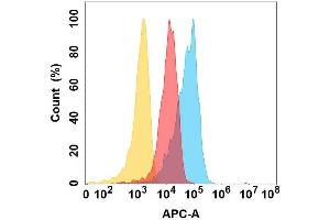 Flow cytometry analysis with Anti-C on Expi293 cells transfected with human C (Blue histogram) or Expi293 transfected with irrelevant protein (Red histogram), and Isotype antibody on Expi293 transfected with irrelevant protein (Orange histogram).