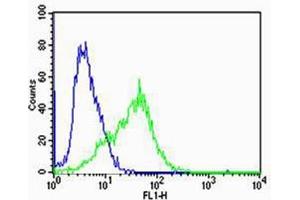 Flow cytometric analysis of Jurkat cells using CHRNA9 Antibody (N-term)(green, Cat(ABIN1944733 and ABIN2838559)) compared to an isotype control of rabbit IgG(blue).