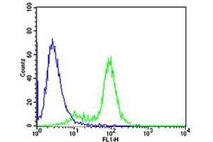 Flow cytometric analysis of MCF-7 cells using GATA3 Antibody (Center)(green, Cat(ABIN1944795 and ABIN2838499)) compared to an isotype control of mouse IgG2b(blue).