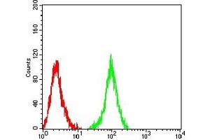 Flow cytometric analysis of Jurkat cells using CD314 mouse mAb (green) and negative control (red).