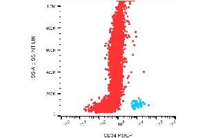 Surface staining of CD34+ cells in human peripheral blood with anti-CD34 (581) APC.