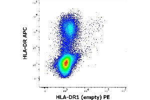 Flow cytometry multicolor surface staining pattern of human peripheral whole blood stained using anti-human HLA-DR1-empty (MEM-267) PE antibody (concentration in sample 9 μg/mL) and anti-human HLA-DR (L243) APC antibody (10 μL reagent / 100 μL of peripheral whole blood). (HLA-DR1 anticorps  (PE))