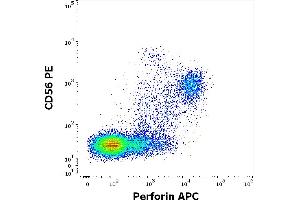 Flow cytometry multicolor surface staining pattern of human lymphocytes using anti-human CD56 (LT56) PE antibody (10 μL reagent / 100 μL of peripheral whole blood) and intracellular staining using anti-Perforin (dG9) APC antibody (10 μL reagent / 100 μL of peripheral whole blood). (Perforin 1 anticorps  (APC))